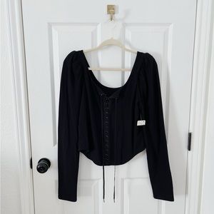 NWT Free People Black Long Sleeve Lace Up Top